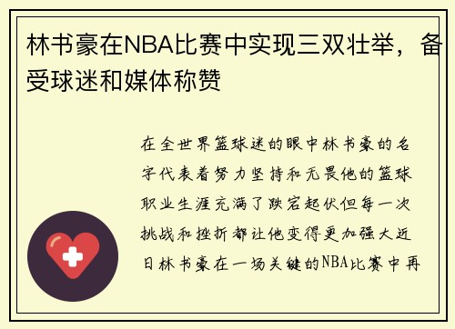 林书豪在NBA比赛中实现三双壮举，备受球迷和媒体称赞